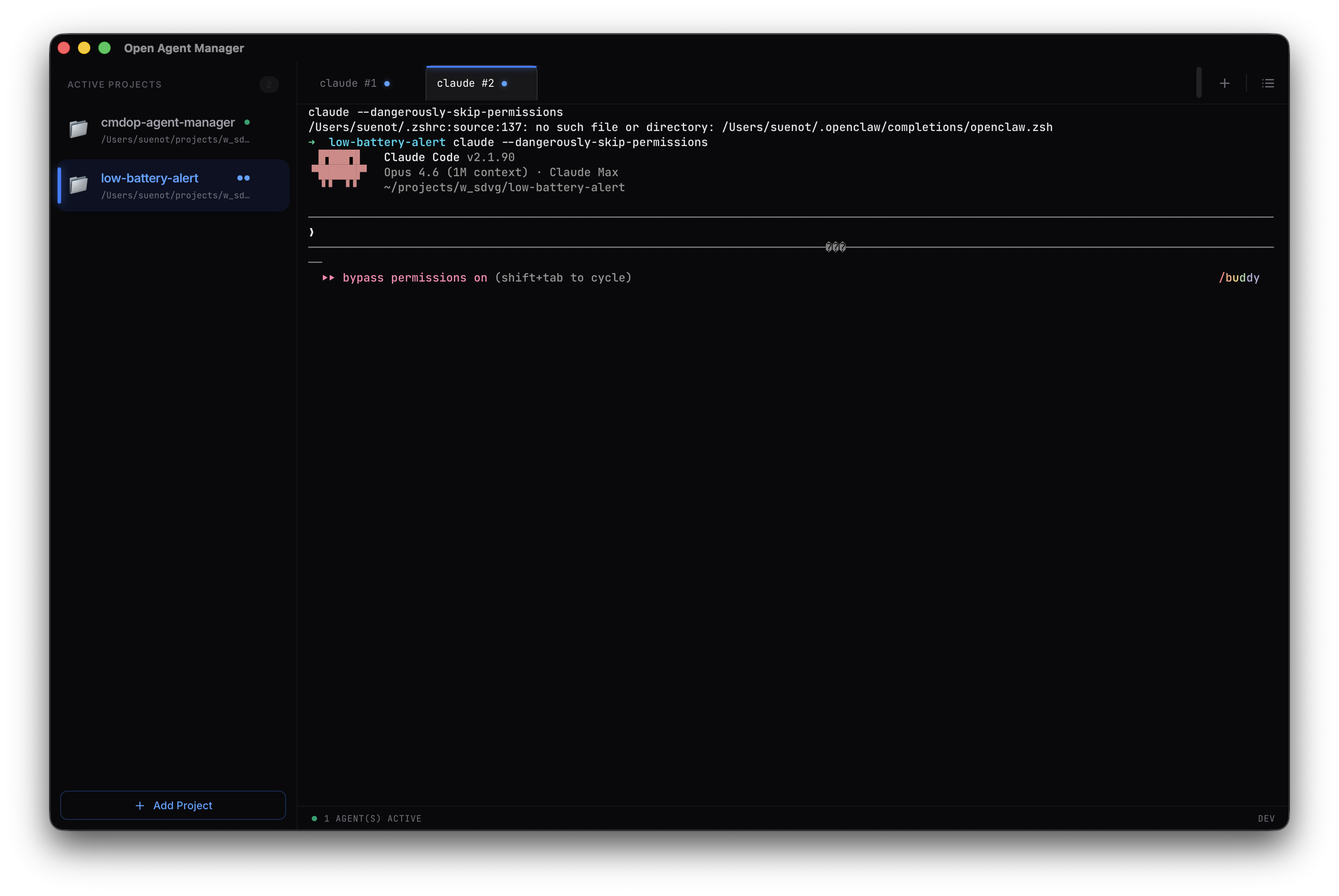Open Agent Manager — project sidebar on the left, terminal sessions on the right